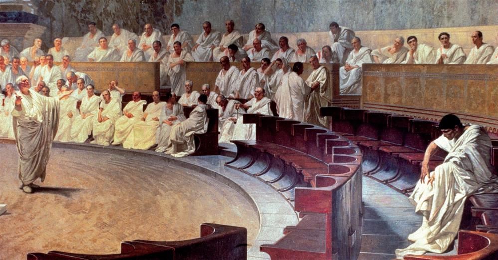 Cicero denounces Catiline in the Roman Senate, saving the Republic from Catiline's plot to overthrow the government. Cicero denounces Catiline in the Roman Senate, saving the Republic from Catiline's plot to overthrow the government.